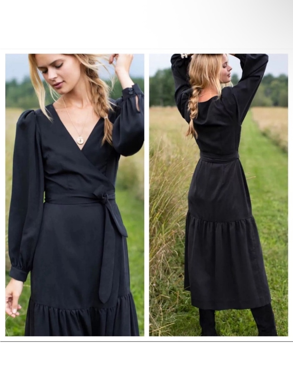 Emerson Fry Marigot Tiered Wrap Dress Black V-Neck Puff Sleeves Midi Size Small